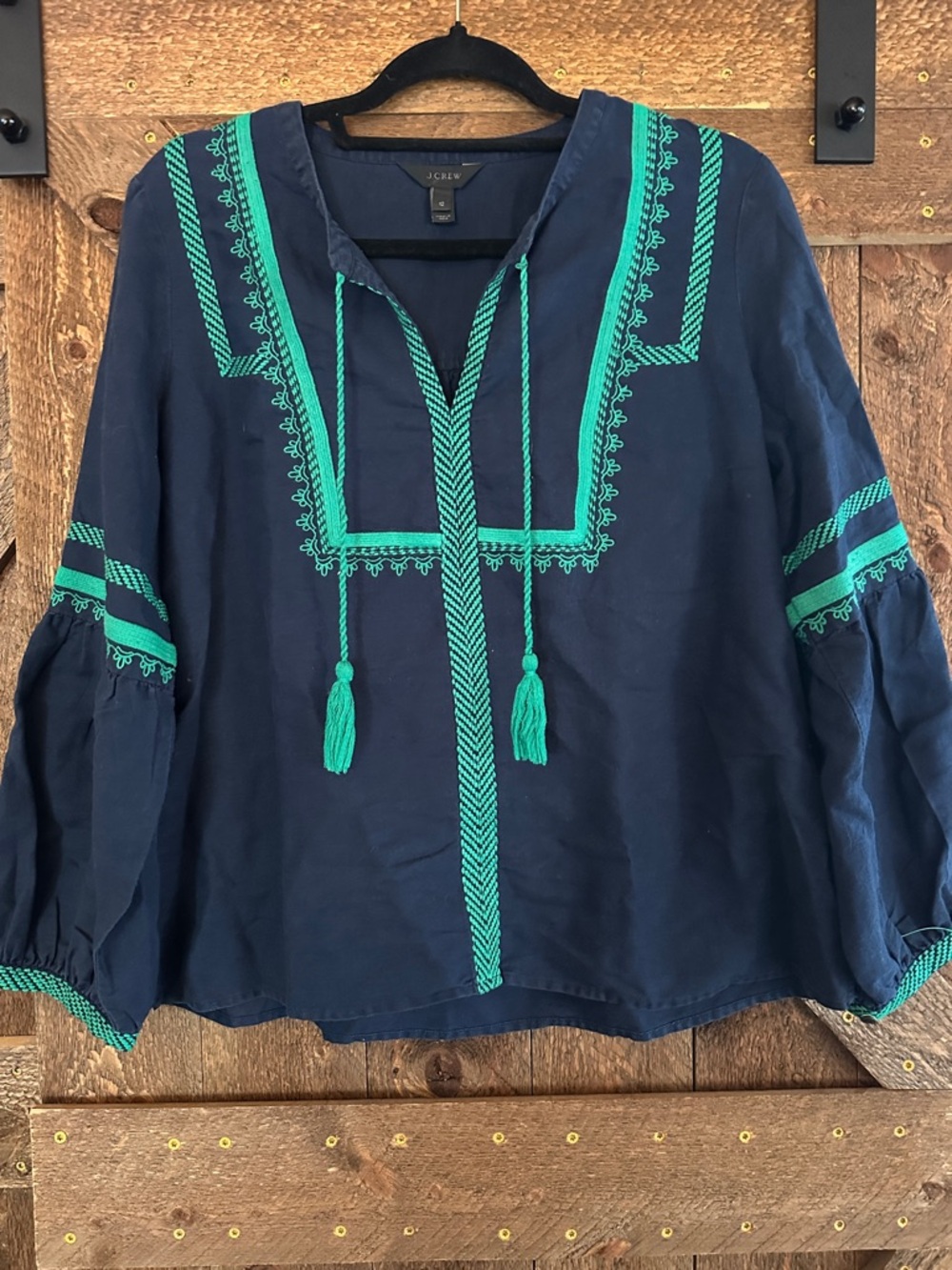 J. Crew Navy Boho Peasant Tunic with Teal Embroidery and Tassels